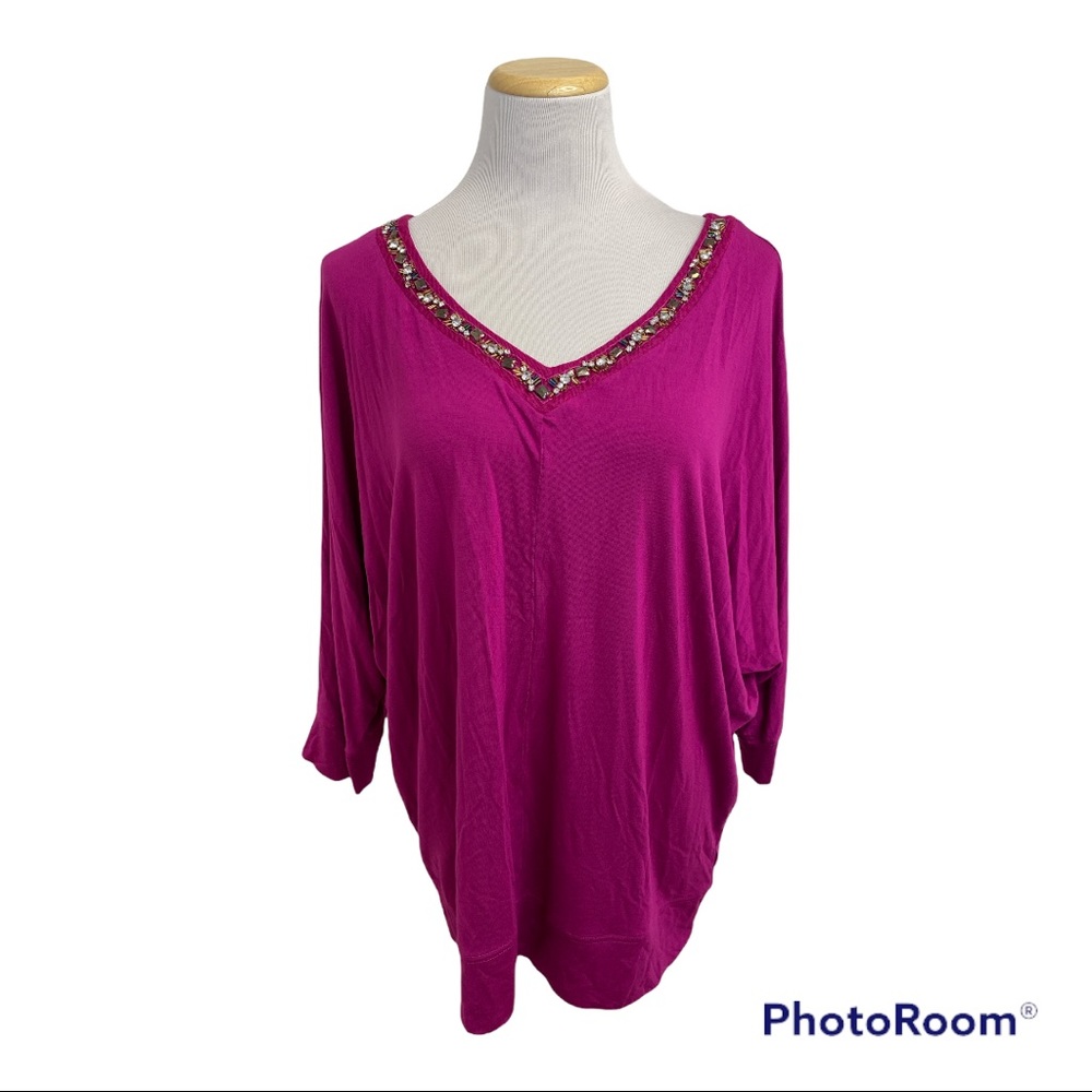 Lane Bryant Magenta Jeweled V Neck Dolman Tunic Top 14/16